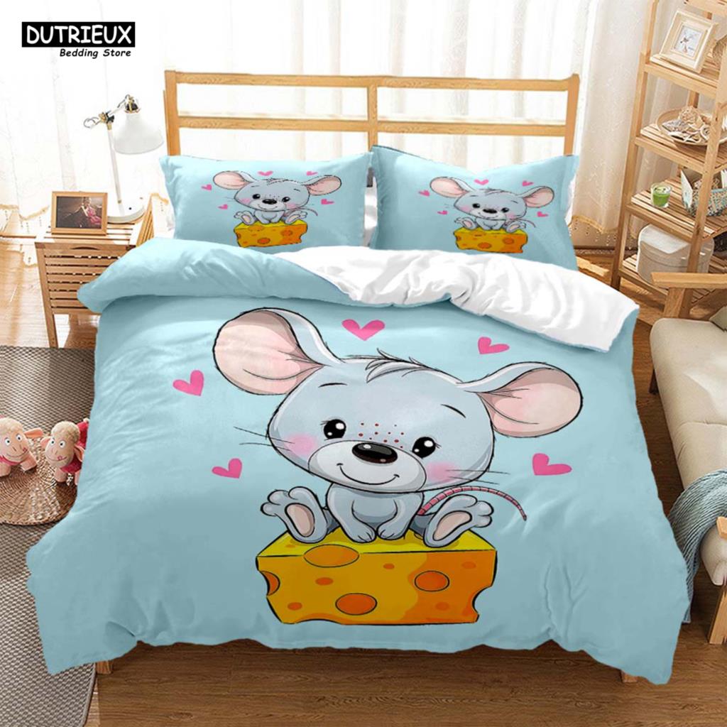 Lindo Juego de Cama de Tres Piezas con Estampado de Ratón de Dibujos Animados Suave y Cómodo Juego de Cama King Size Edredón Juegos de Cama