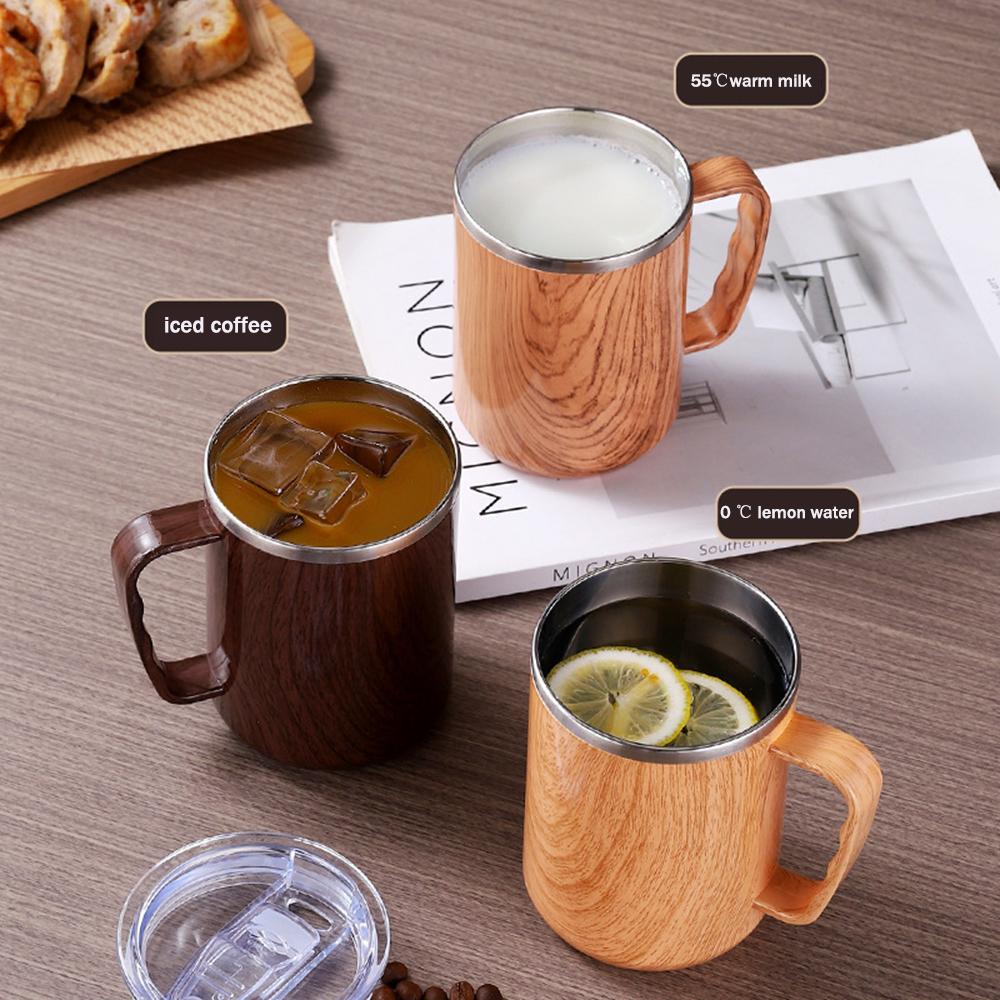 Vintage wood grain stainless steel mug, Double-layer Insulated coffee mug, Office tea cup with lid, Morning milk cup, 480ml