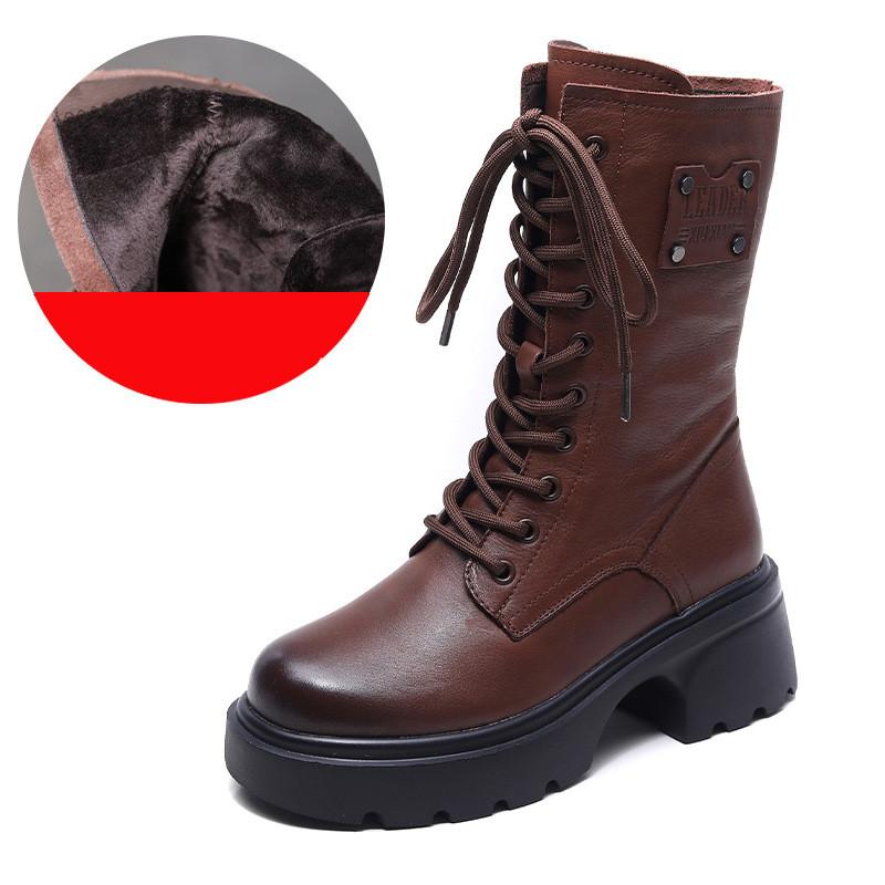 

Johnature Натуральная кожа Сапоги до середины голени Ретро Плюшевые теплые толстые каблуки Круглый носок Женские Сапоги на шнуровке 38