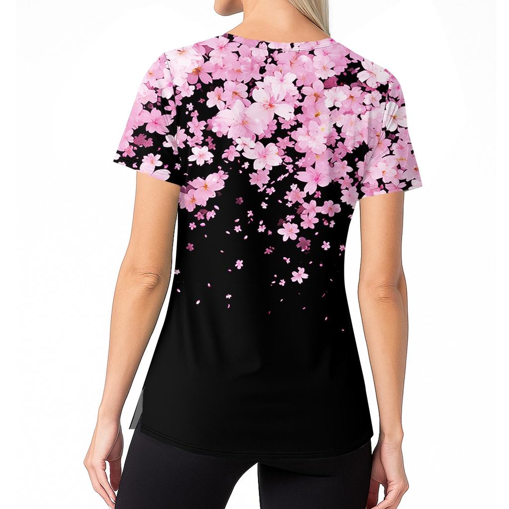 Top Casual de Mujer Estampado con Cuello en V, Bolsillo y Abertura Lateral, Manga Corta