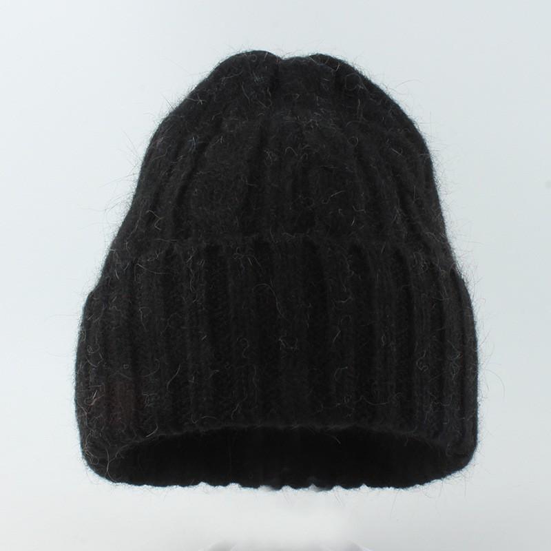 Womens Winter Angora Knit Beanie Hat With Long Rabbit Fur Trim Cable Rolled Edge Solid Color Warm Cozy