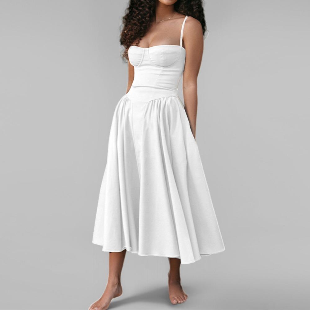 Women's Spaghetti Strap Midi Dress Solid Bustier High Waist Flared Swing Mid-Calf Sundress