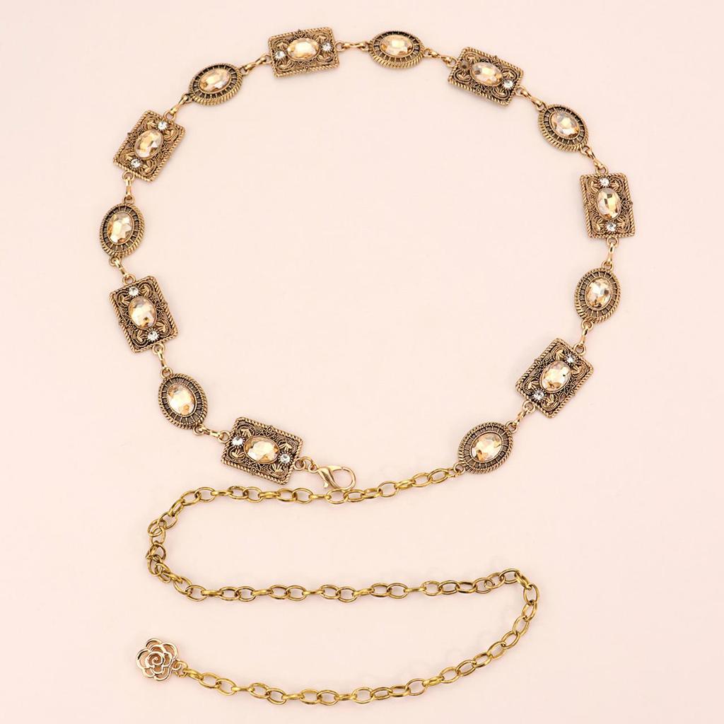 Gold Carved Rhinestone Chains Women Oval-shaped Metal Thin Bohemian Long Waist Chain Dress Shirt Decorative Strap Girdle