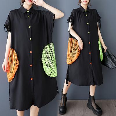 DIMANAF 2025 Summer Plus Size Vintage Dress Women Casual Buttons Shirt Dress Loose Basic Mesh Spliced Dress