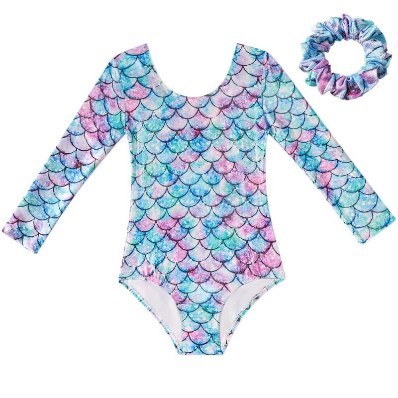 

От 3 до 13 лет детский гимнастический купальник с принтом рыбьей чешуи, весенне-летний цельный боди с длинными рукавами, костюм 12