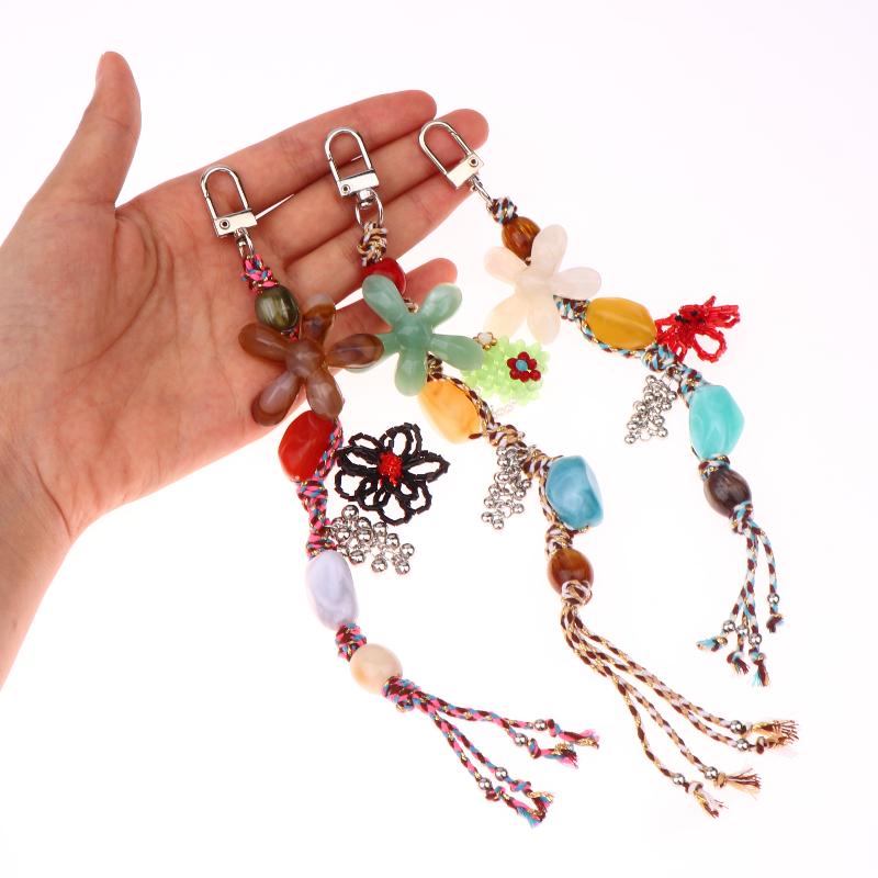 Ethnic Style Artistic Beaded Charm Keychain Vintage Flower Phone Lanyard Bag Pendant Key Hanging Decoration Gifts