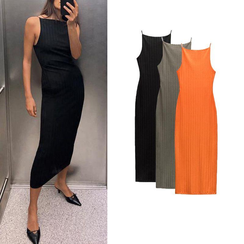 Spring New Sexy Style Sexy Silm Hanging Collar Mid Length Long Length Rib Midi Skirt Dress 4174166