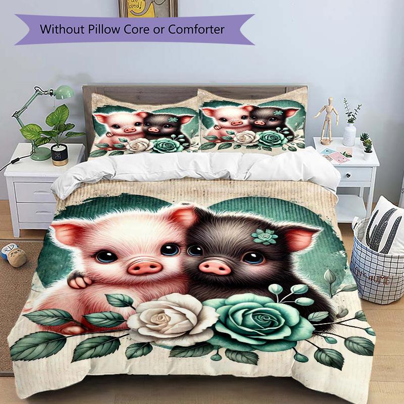 3pcs Piglet Roses Bedding Set Soft Polyester Down Comforter Cover and Pillowcases, Suitable for All Seasons, Practical gifts for the home 0729098