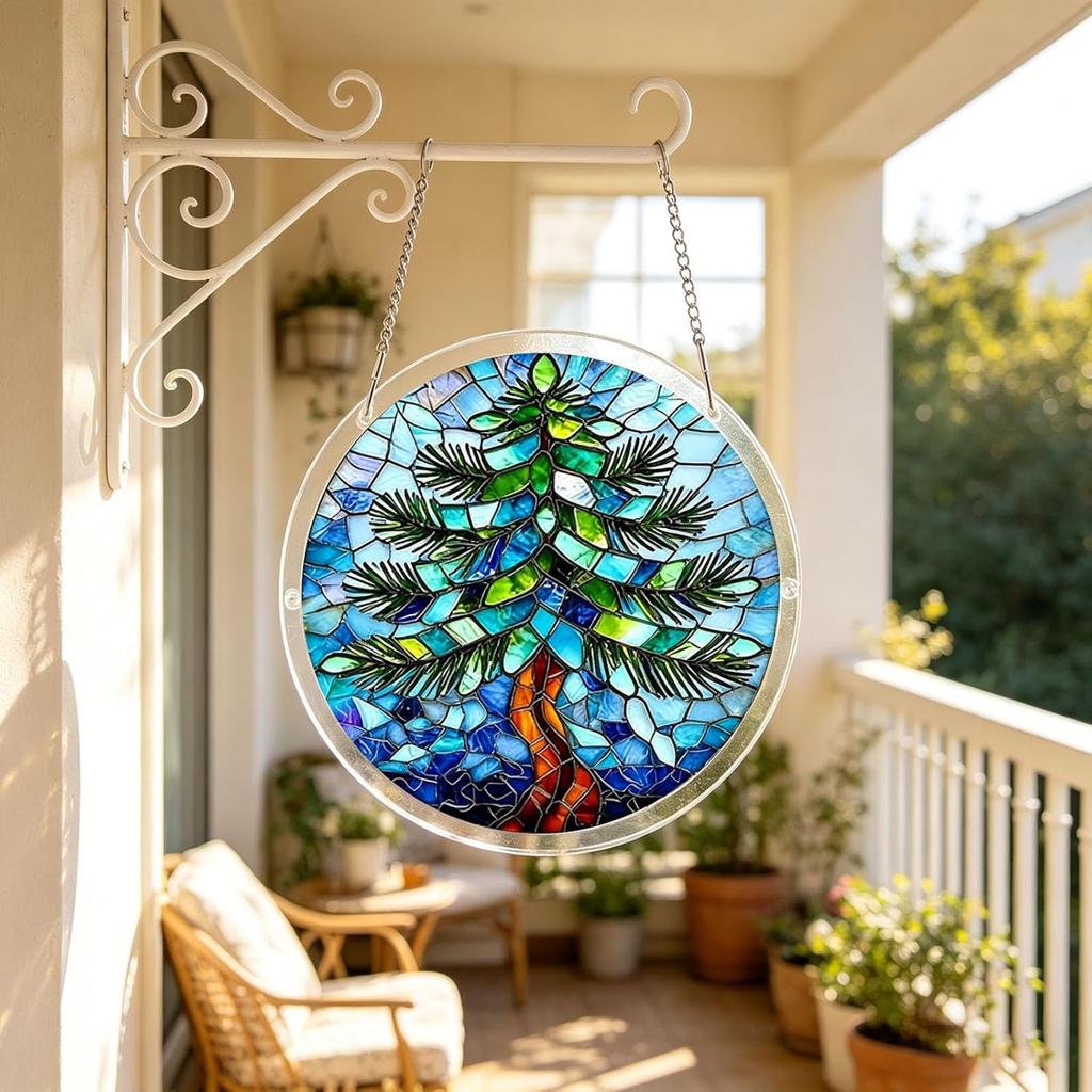 2D Acrylic Puzzle Suncatcher Window Hanging Decor Stained Glass Style Tree Design Round Ornament for Home Office Indoor Outdoor Use