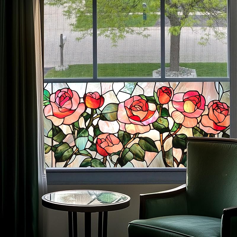 Stained Glass Window Privacy Film Decorative, Static Cling Stained Glass Sticker Opaque Heat Control UV Blocking Non Adhesive Window Film for