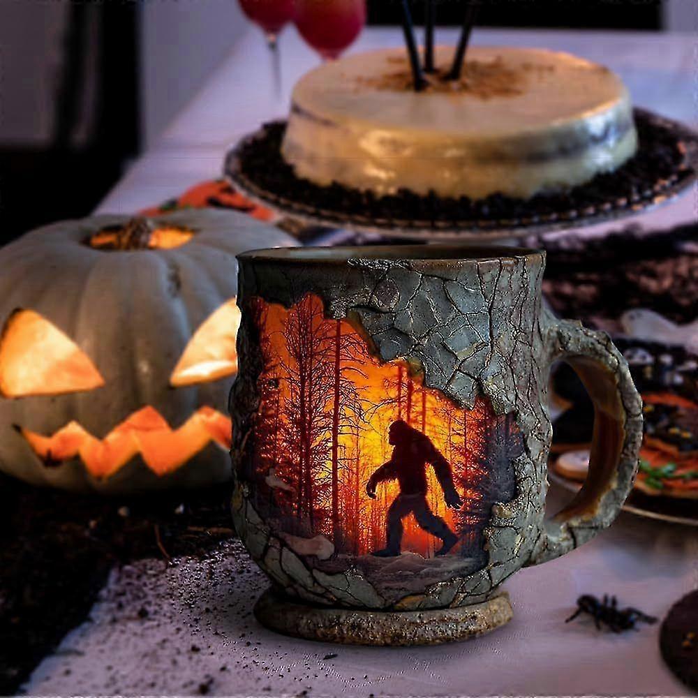 Bigfoot Forest Fire Mug, 3D Vintage Sasquatch Bigfoot Outdoor Coffee Gifts Cup Campfire Mug for Camping Kitchen Cryptid Believers Nature Lovers Mounta