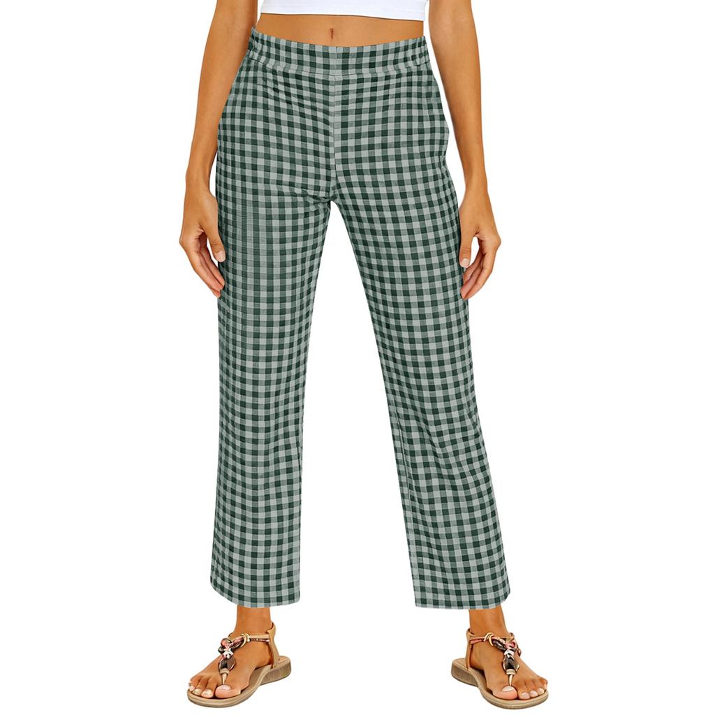 Women's Fashionable Checkered Elastic Waist Straight Leg Casual Pants