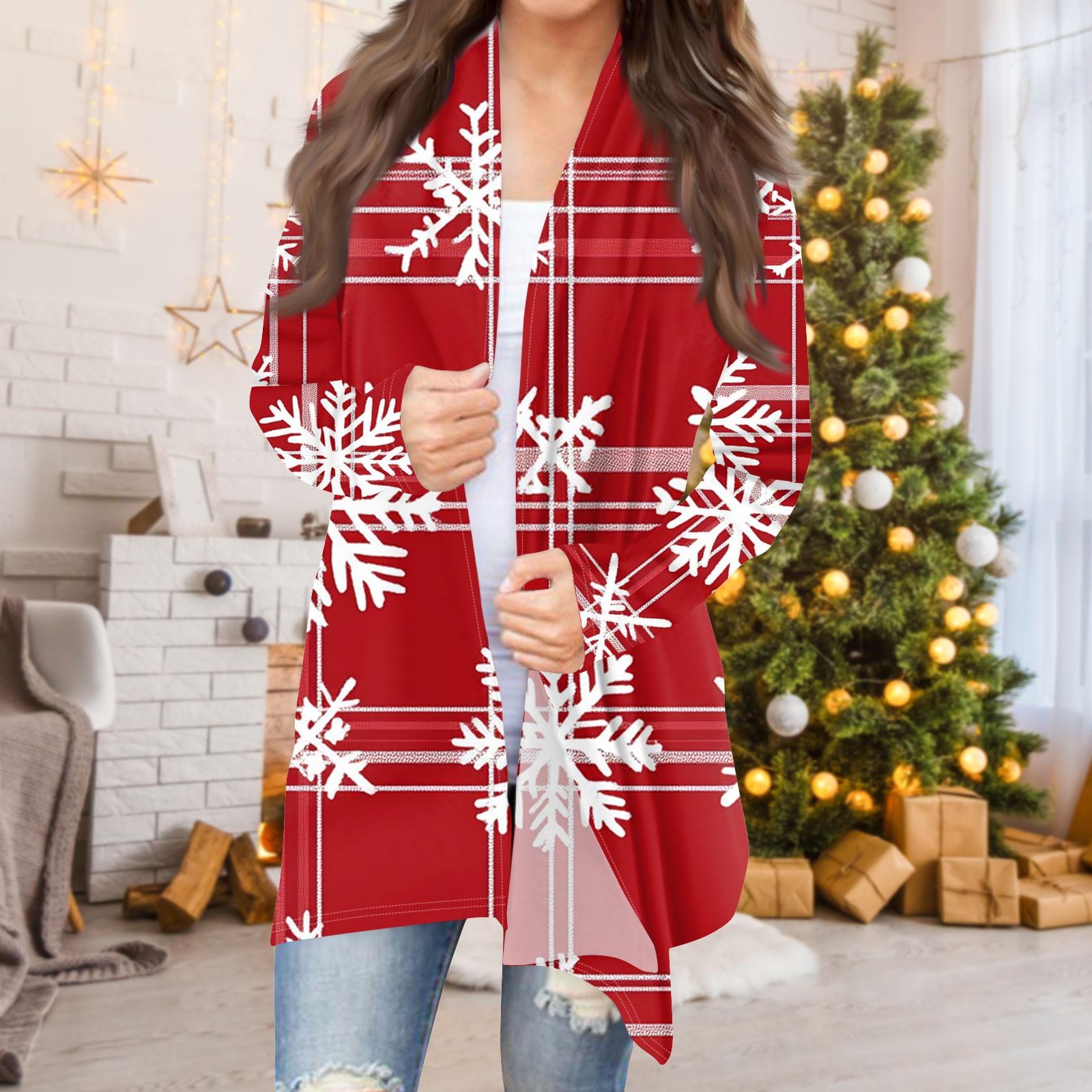 

Женская мода повседневная рождественская печать средней длины кардиган куртка пальто XXL красный
