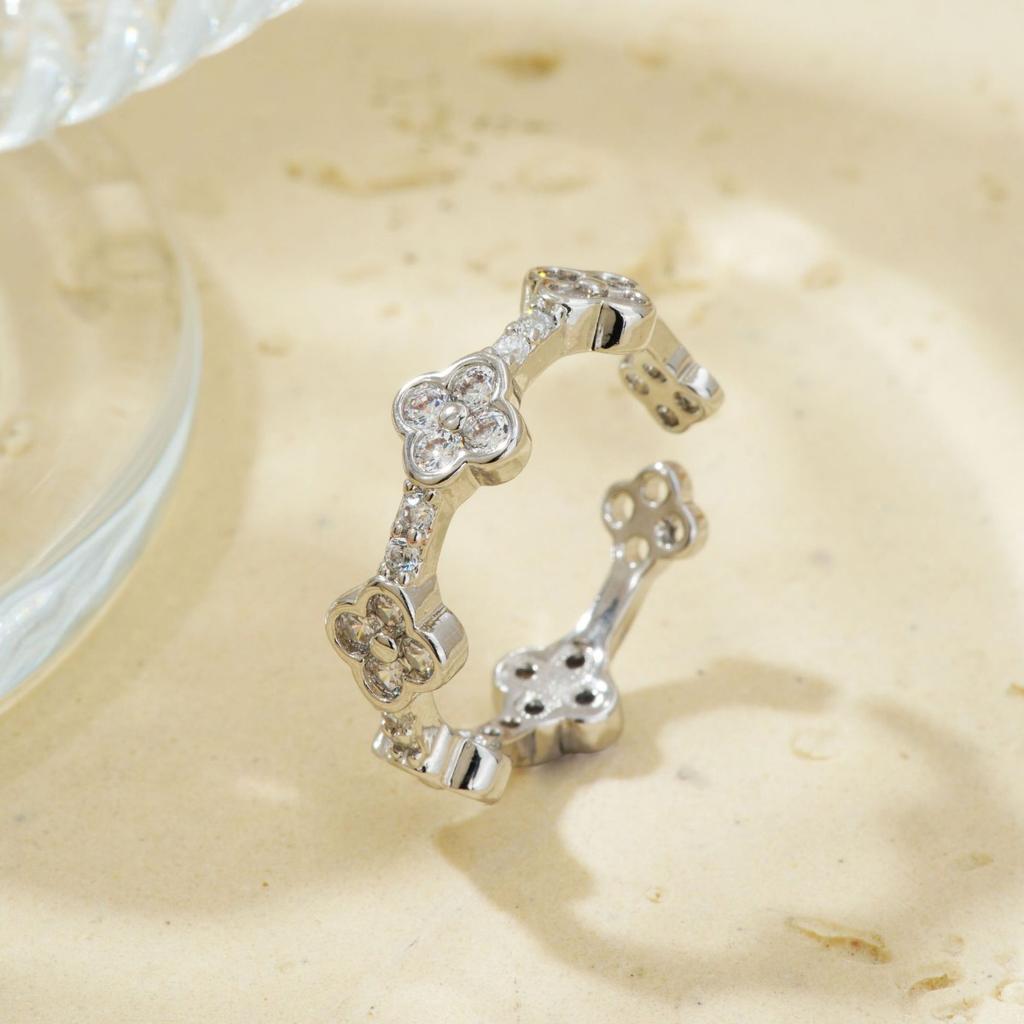 New Light Luxury Temperament Small Flowers Open Ring Atmosphere Sense Of Colour Zirconia Four-Leaf Flower Ring Four-Leaf Clover Ring