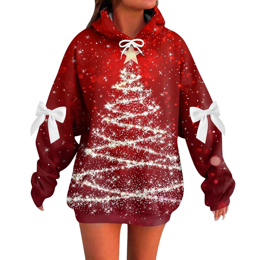 Ladies' Christmas Printed Bow Long Sleeved Loose Fitting Headband With Rope Hooded Sweatshirt Top
