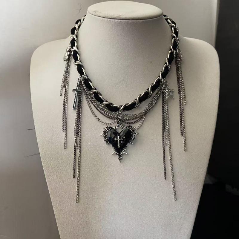 Stylish Red Heart-Star Leather Necklace with Tassel