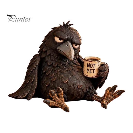 Skurriles Tischdekoration Lustige Rabenfigur mit Kaffeetasse, Harzkrähenstatue, Realistisches Tier-Tassen-Ornament für Heimdekoration, Kreativer Schreibtisch schwarz