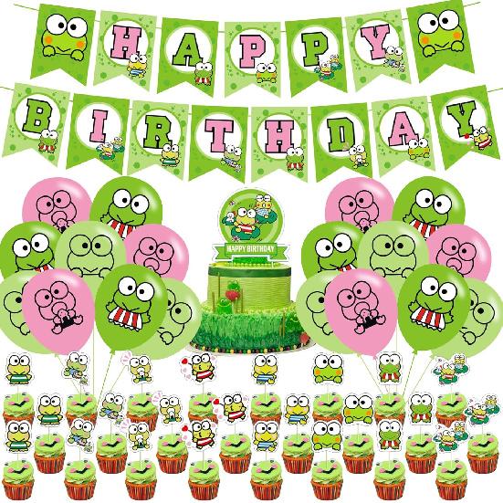 The Frog of Keroppi Birthday Party Decorations, Cartoon Big-Eyed Frog Theme Birthday Supplies set with Happy Birthday Banner,Cake Toppers,Balloons