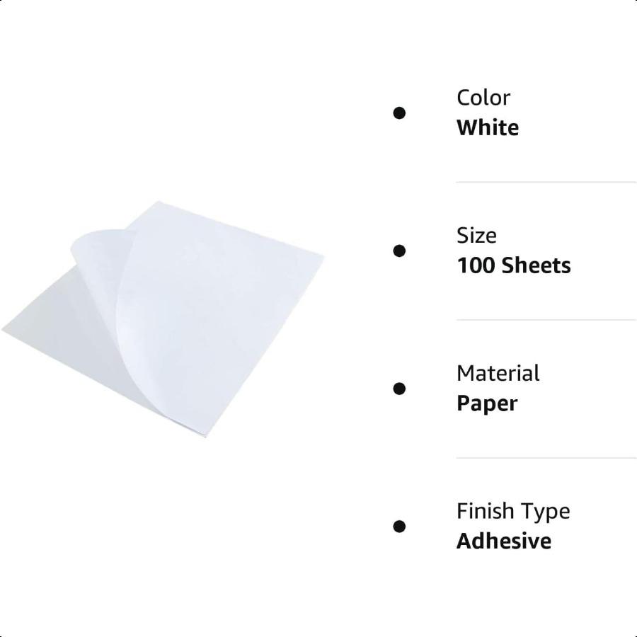 8.5" X 11" Printable White Sticker Paper Full Sheet Label Matte for Laser and Inkjet Printers 100 Sheets