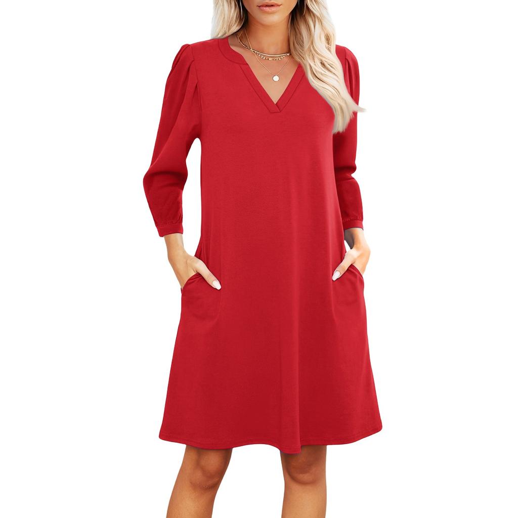 Dammode V-ringad Ledig Strandklänning Trekvartsärm Enfärgad Klänning