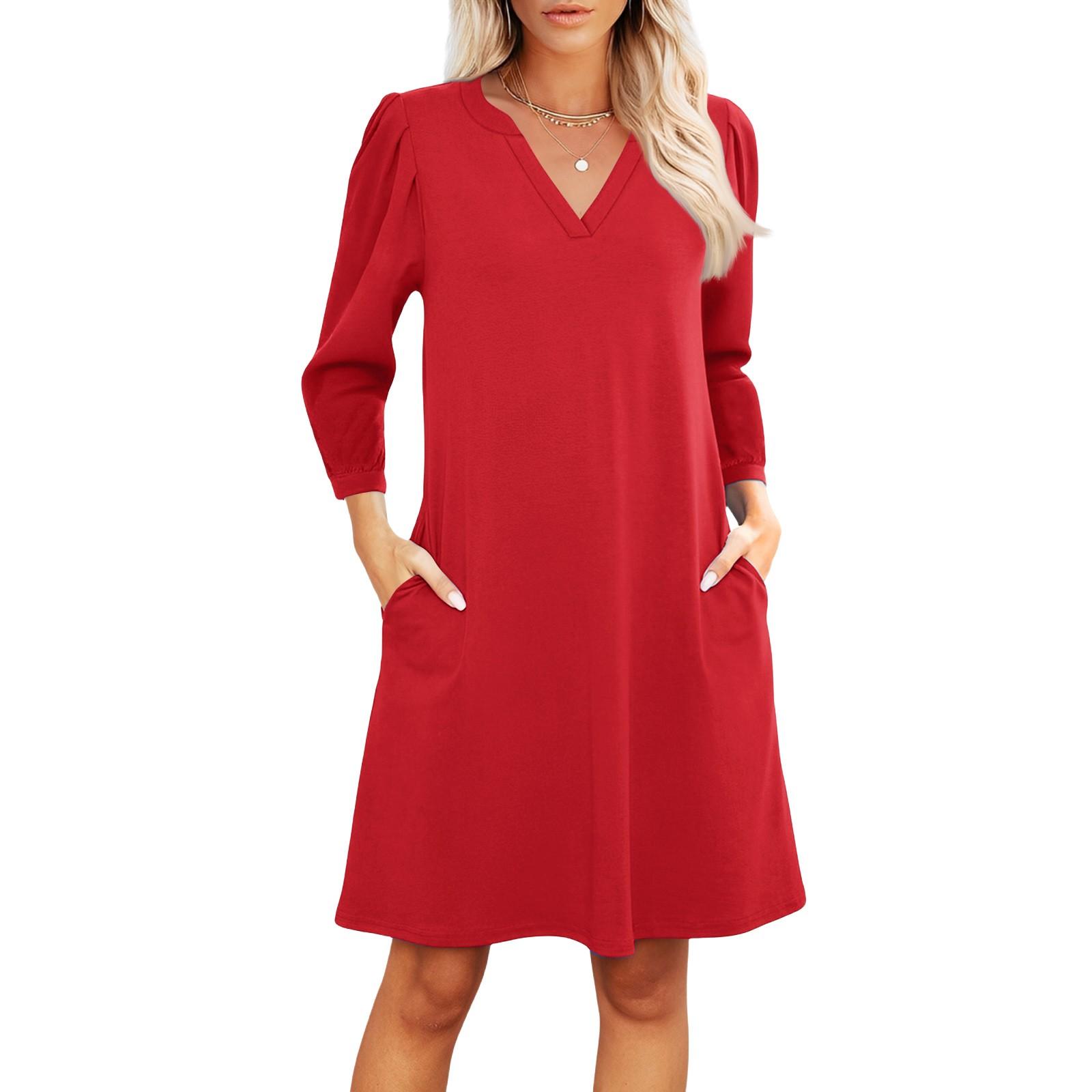 

Women s Fashion V-neck Casual Beach Dress Three-quarter Sleeves Dress XL червоний