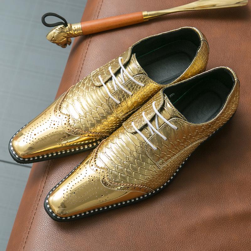 Golden Glossy Business Brogue Leather Shoes - European & American Style, Large Size Lace-up Derby Shoes
