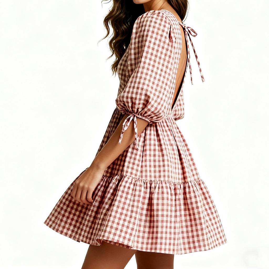 Women's  Plaid Tie-Front Babydoll Dress With Ruffles, Puff Long Sleeves, V-Neck, Peplum Waist, Sundress For Beach