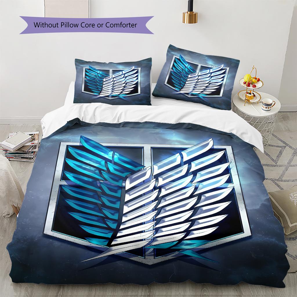 Pościel z motywem Attack on Titan, Zestaw kołdry Poszewka na kołdrę Poszewka na poduszkę Domowy prezent urodzinowy (1 * poszwa na kołdrę + 2 * poszewki na poduszki, bez rdzenia)