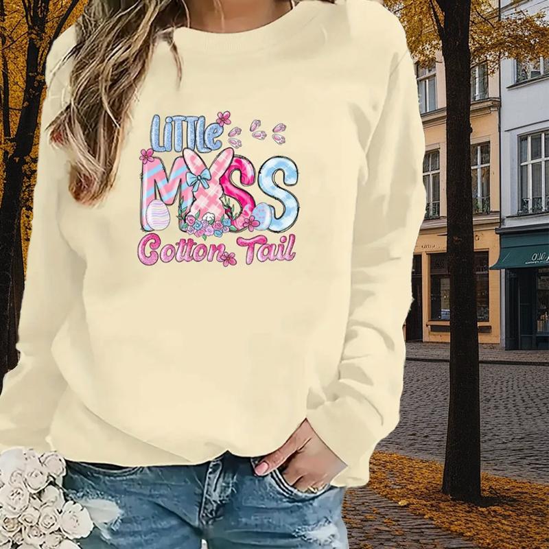 

Autumn&Spring Clothing Pink Rabbit & Alphabet Print Sweater Tops for Women Round Neck Long Sleeve
