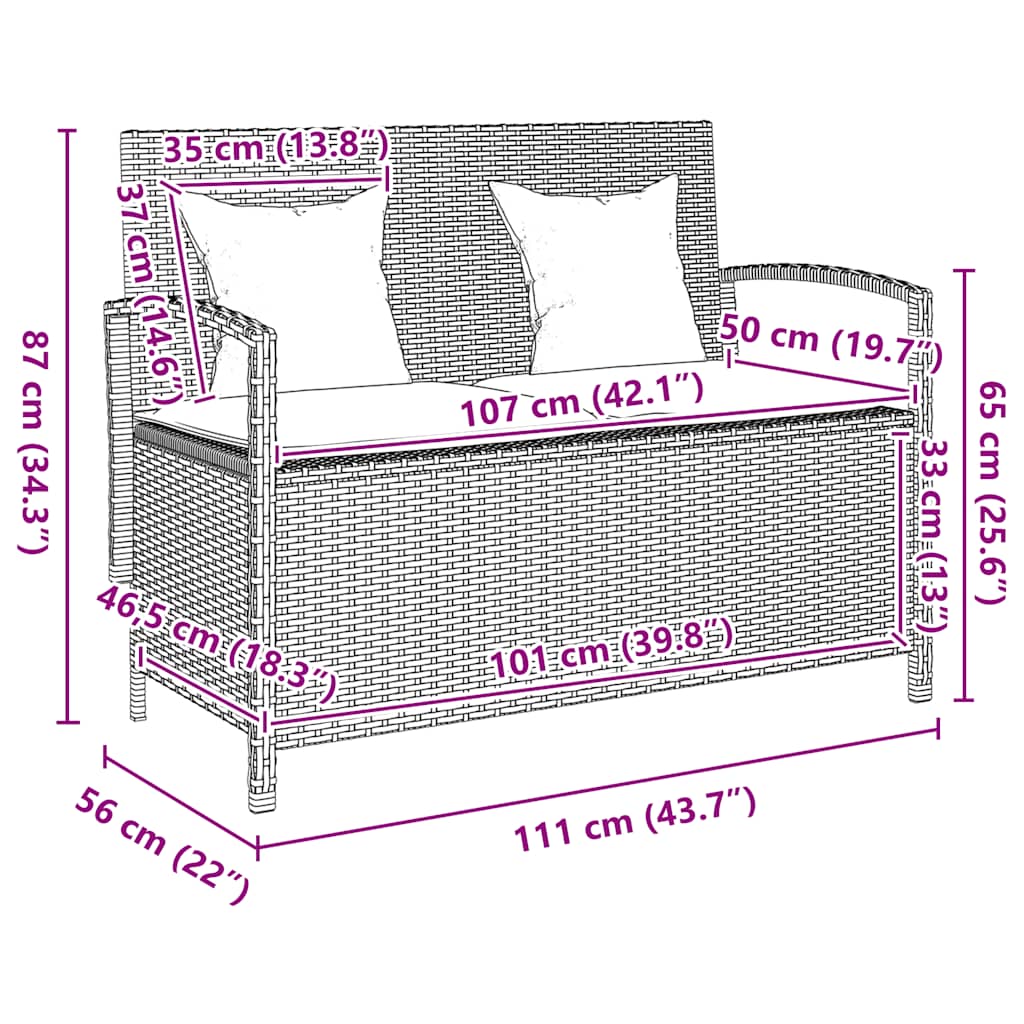 Garden Bench with Storage Space and Cushions Grey Poly Rattan