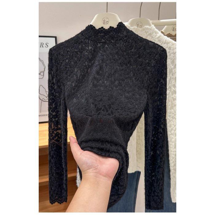 

2026 Spring/Fall Half-High Collar Lace T-shirt with Long Sleeves – Versatile Base Layer 2XL чёрный