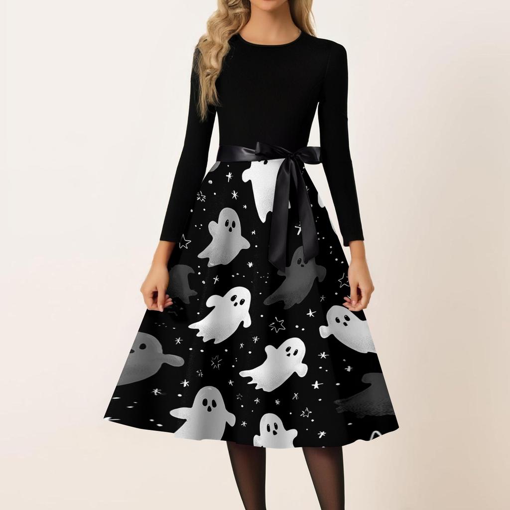 Women's Vintage Halloween Print Dress - Round Neck Casual Fit Dress with Fun Pumpkin Patterns - Perfect for Party