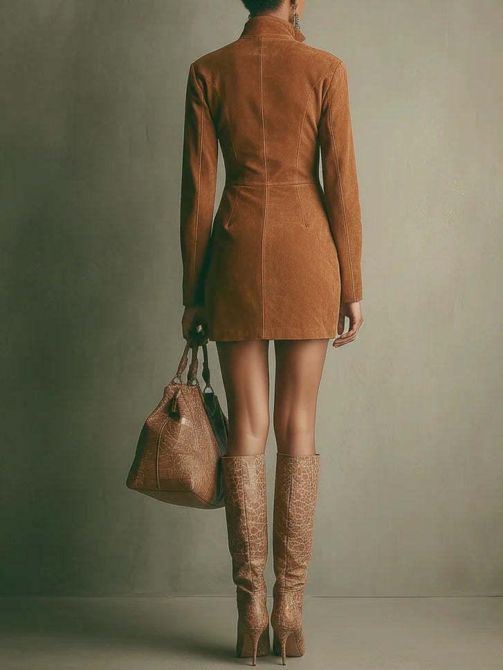 2025 Suede Long Sleeve Stand Collar Dress with Zipper Pocket