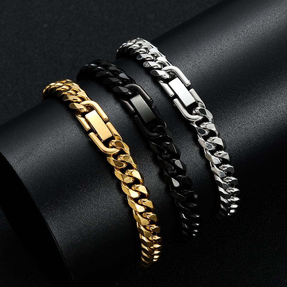 Width 8MM 316L Titanium Steel Golden Black Cuban Chain Bracelet Hip Hop Men's Jewelry Party Gift 18/20/22CM