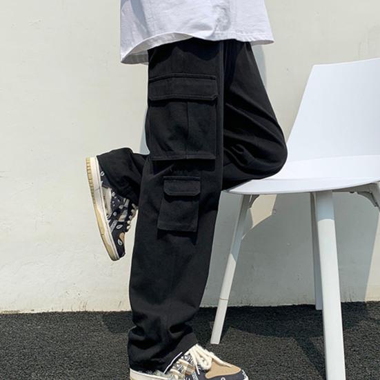 Men Cargo Pants Solid Color Hip-hop Style Loose Pattern Multi Pockets Elastic Waist Men Trousers Daily Clothes