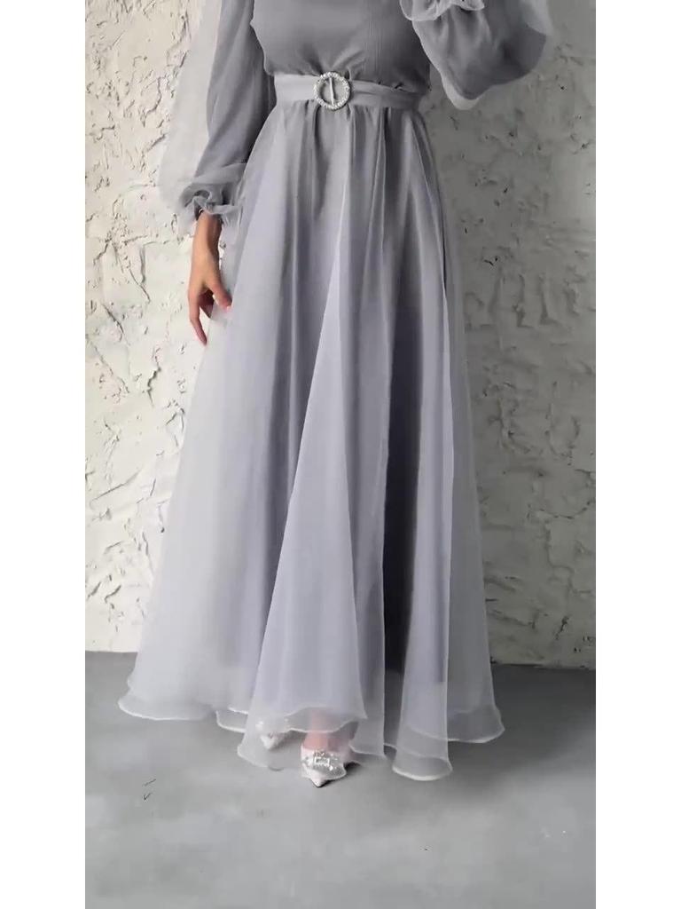2024 Elegantes Damenkleid mit hohem Halsausschnitt, Netzstoff, schlankmachend, Laternenärmel