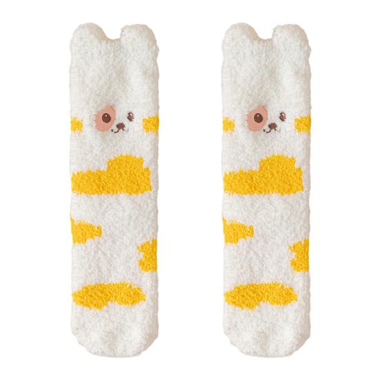 Fluffy Winter Crew Socks Cute Animal Embroidery Warm Socks Thick Fuzzy Plush Bear Cat Thermal Socks for Women Sleep Home Lounging