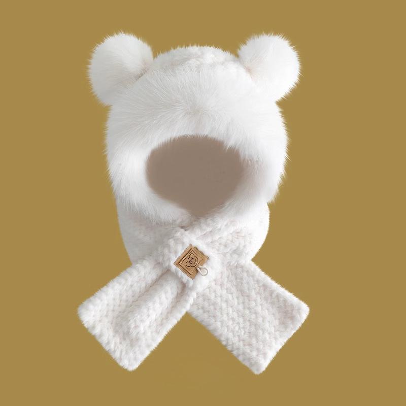 Bear Hat Scarf Integrated Women's Autumn and Winter Riding Cold Scarf Warm Ear Protection Cute Plush Gloves Mask