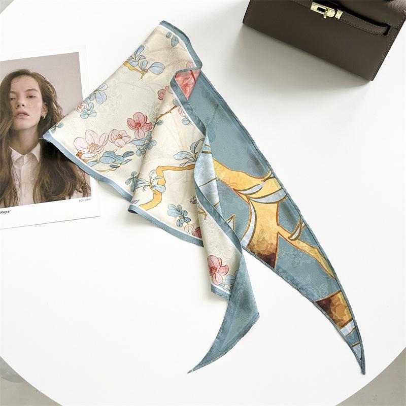 Spring and summer pastoral flower rhombus scarf dark pattern jacquard simulation silk scarf women's neck temperament small scarf tied bag