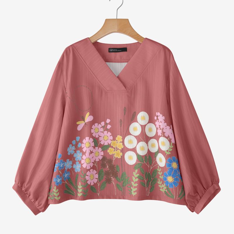ZANZEA Women Casual V-Neck 3/4 Sleeve Loose Floral Blouse