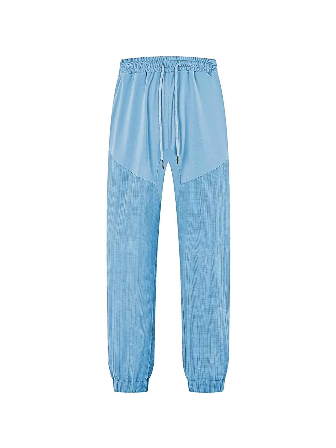 

European and American Casual Trousers Summer Simple and Loose Thin Imitation Hemp Sports Lace-up Spliced Men s Sweatpants XXXL світло-синій колір