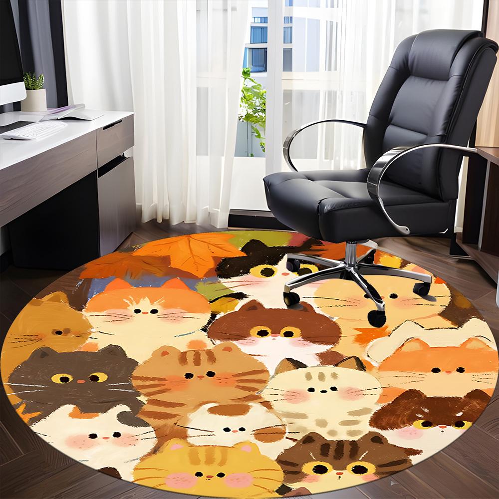 1pc Cat Autumn Office Round Area Rug, Indoor Mat Suitable ForOffice, Under Office Chairs Bedroom Living Room Home Decor, Room Deco N79