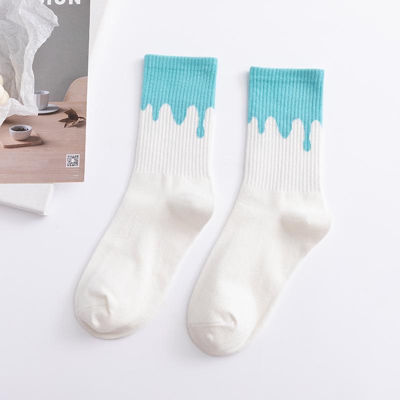 Creamy Color Block Patchwork Cotton Sports Socks for Men & Women - Trendy Mid-Calf Streetwear Style.