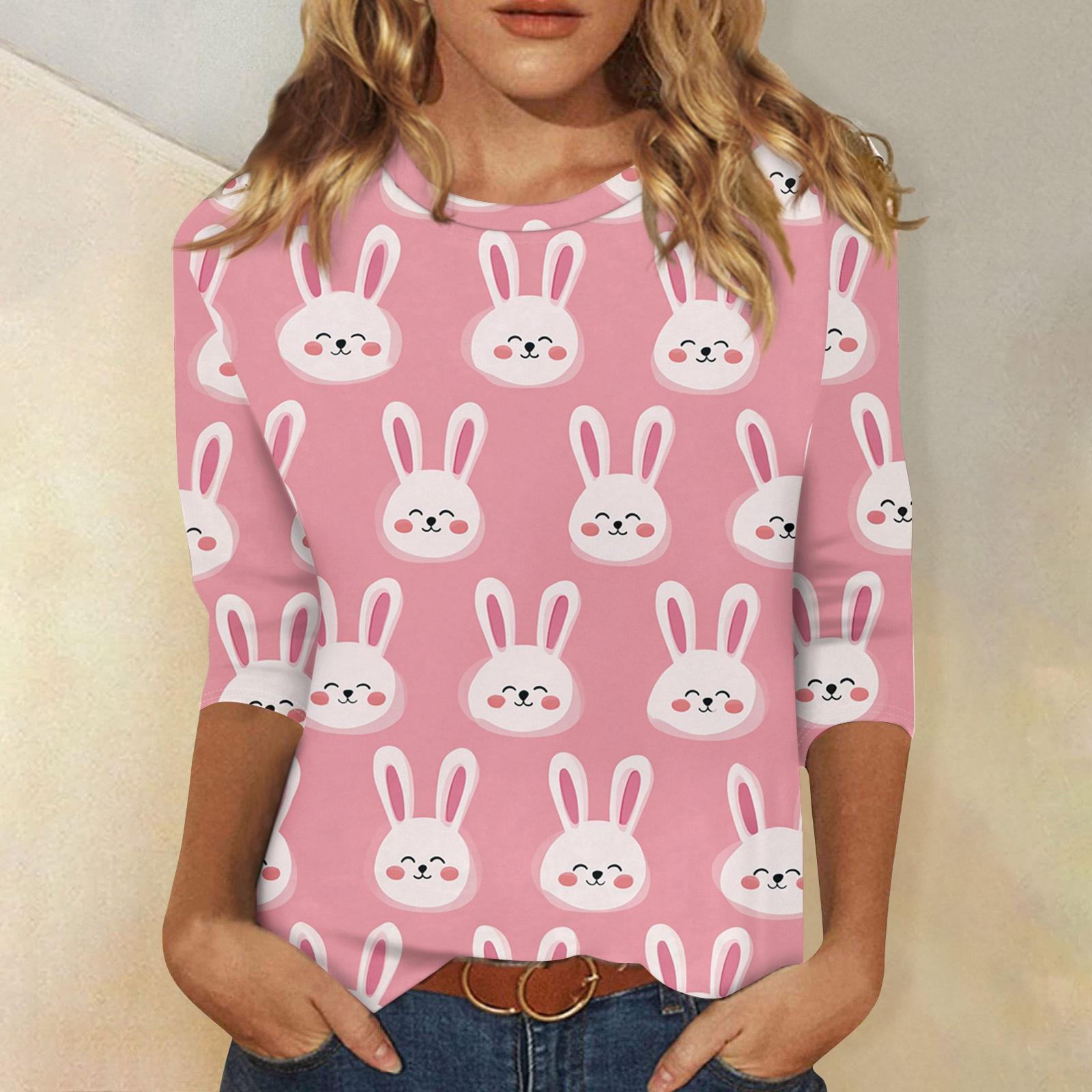 

Women s Fashionable Casual Easter Bunny And Egg Print Neck Three-Quarter Sleeve T-Shirt XL Кіновар