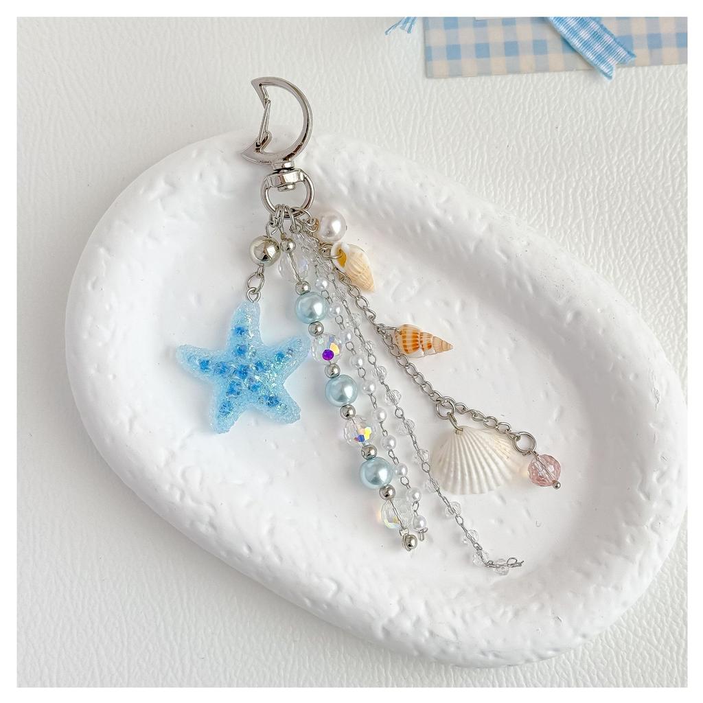 Beach Blue Glitter Starfish Beaded Women Shell Conch Pendant Mixed Pearl Crystal Bead Dangle Clip Bag Charm Accessories Bag Charm