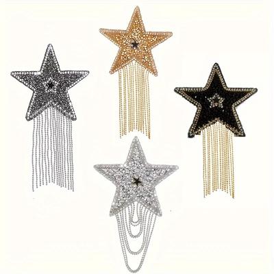 4pcs Sparkly Star Rhinestone & Chain Tassel Iron-On Patches Fabric Stars Patches Iron-On Patch Applique Badge Stickers