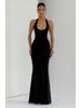 2025 Women's European & American Style Spliced Strappy Long Slim Fit Halterneck Formal Dress