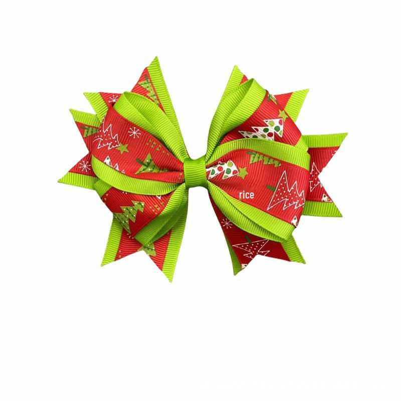 Cross-border Christmas Tree Bow Hair Clip for Kids - Double-Layer Ribbed Ribbon Accessory