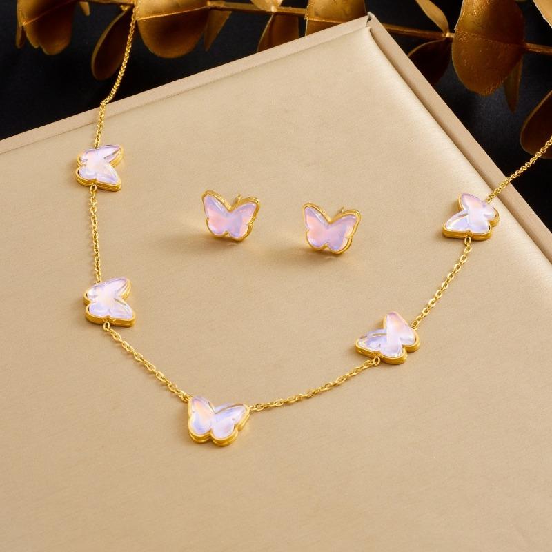 Gold Plated Opal Butterfly Jewelry Set Necklace and Stud Earrings розовый
