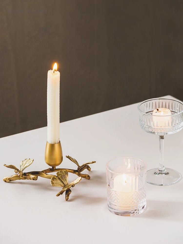 Złoty metalowy mosiężny świecznik, liście miłorzębu, styl europejski, starożytne rzemiosło na biurko, świeczniki do dekoracji domu